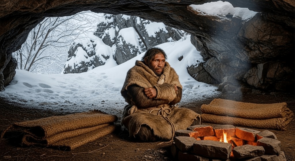 Prehistoric-Human-With-Early-Blanket-In-Cave